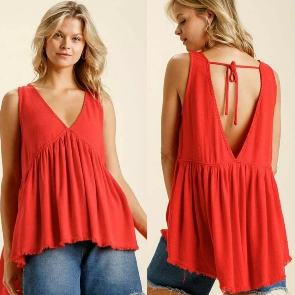 🔥 (5for$35) UMGEE Deep V Babydoll Sleevless Top Raw Hem Tie Back Tomatoe Red